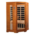 Front view of Dynamic Heming 2-person Corner infrared Sauna with Hemlock wood and tempered glass. 