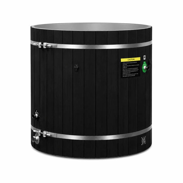DCT Cold Plunge Barrel - Pacific Cedar wood exterior, Black finish with black wooden step stool. 