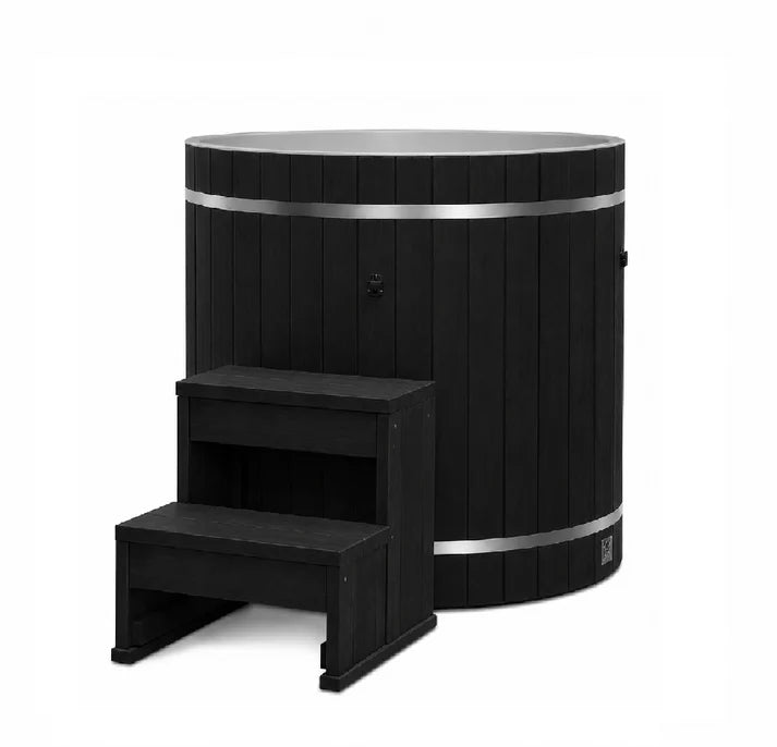 DCT Cold Plunge Barrel - Pacific Cedar wood exterior, Black finish with black wooden step stool. 