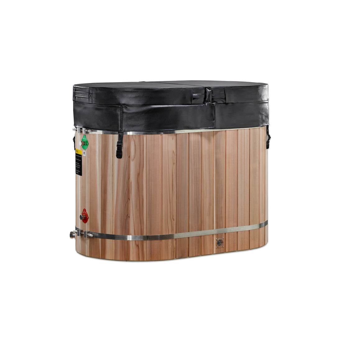 Dynamic Oval Barrel Cold Plunge Tub in Pacific Cedar Wood with wooden stepping stool.