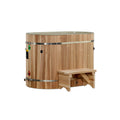 Dynamic Oval Barrel Cold Plunge Tub in Pacific Cedar Wood with wooden stepping stool.