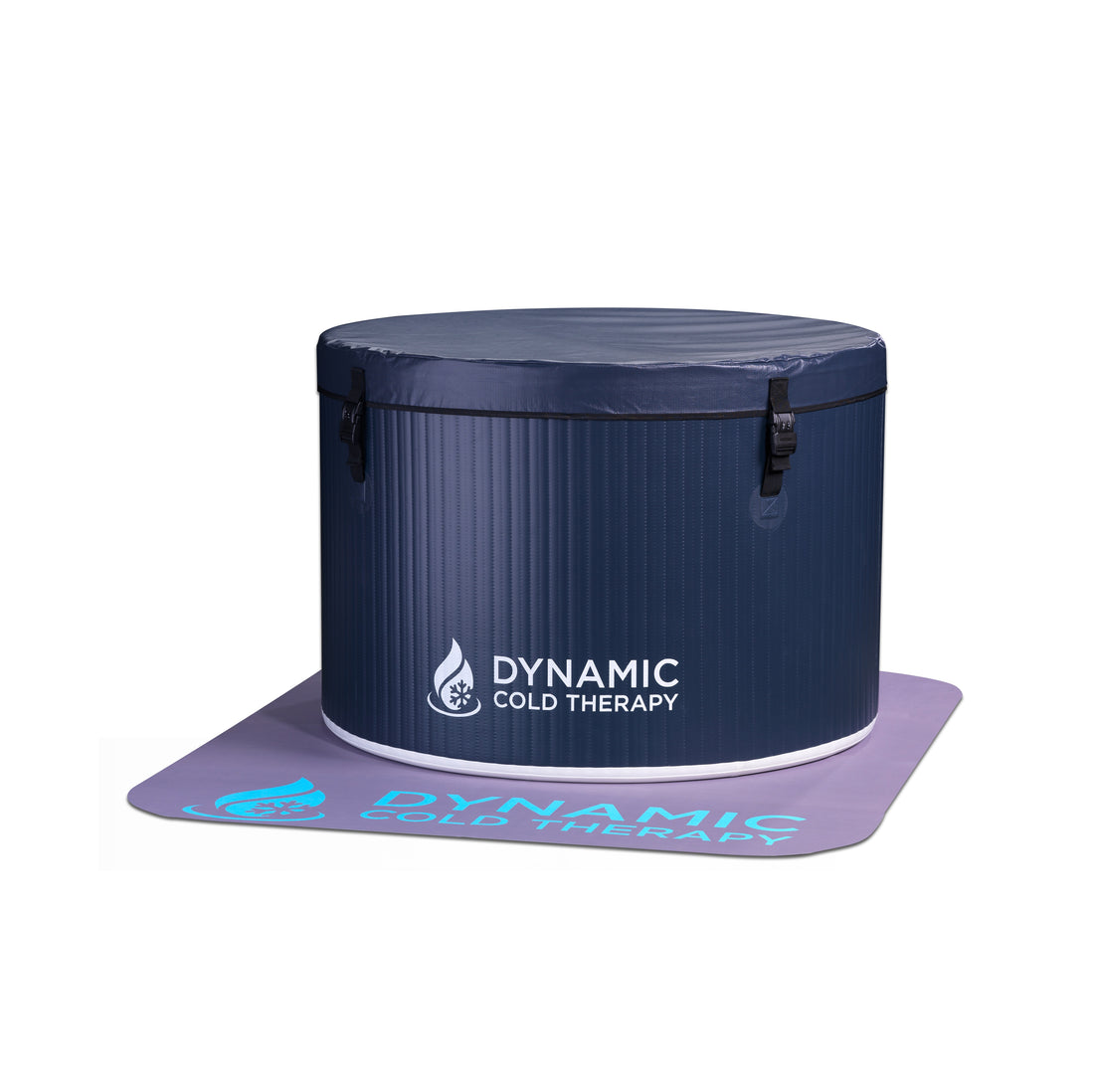Cold therapy blue PVC cold plunge on a white background, branded 'Dynamic Cold Therapy'.