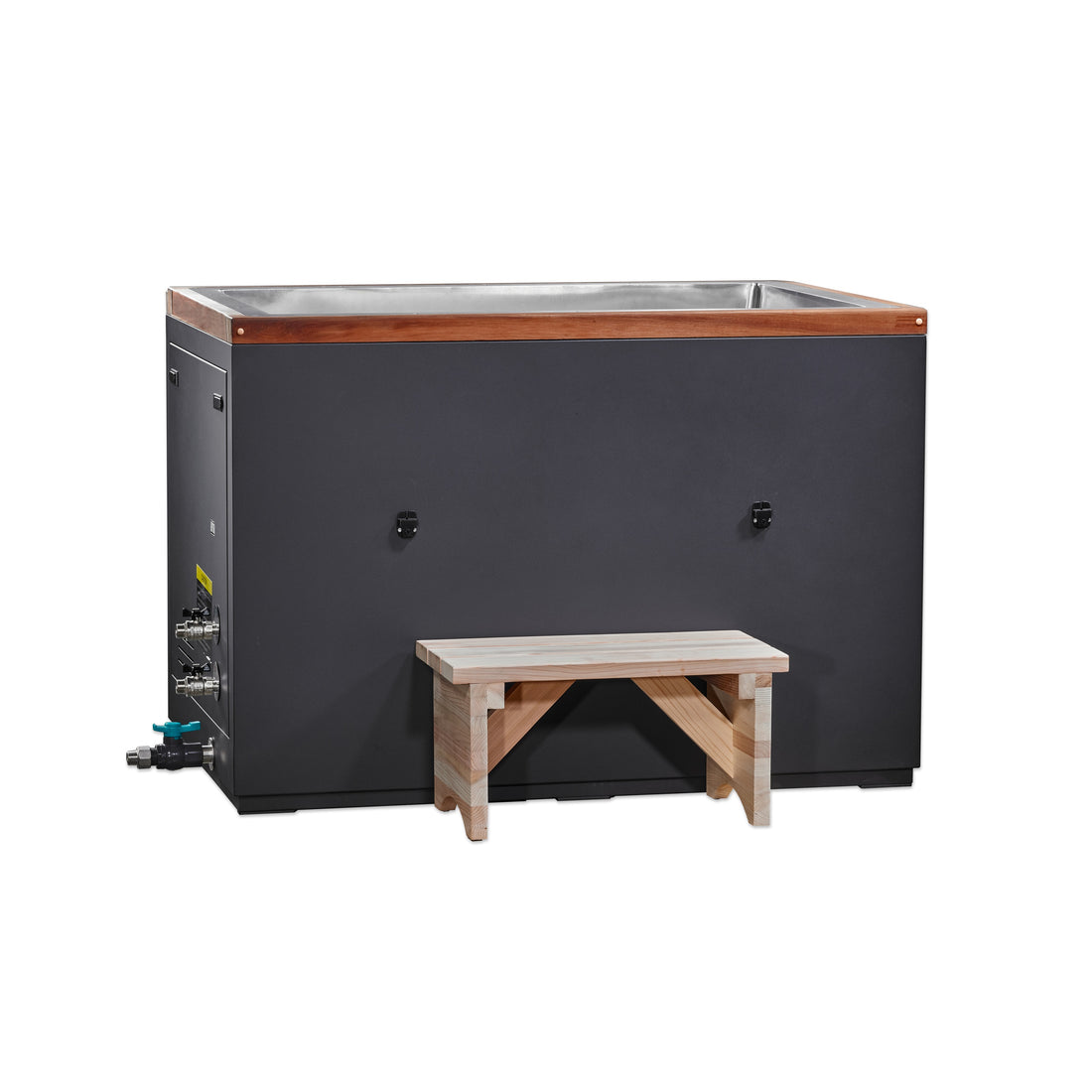 Dynamic Cold Therapy "CUBOID" 304 Nano-Coated Stainless Steel Cold Plunge Tub (XL) with a wooden step stool in front. 