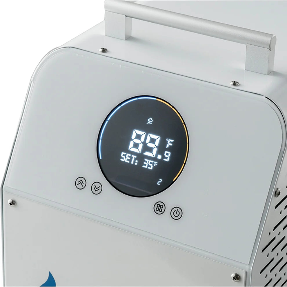 A portable cold therapy chiller machine by Dynamic Cold Therapy, featuring a white aluminum body, a digital temperature display on the front panel and caster wheels.