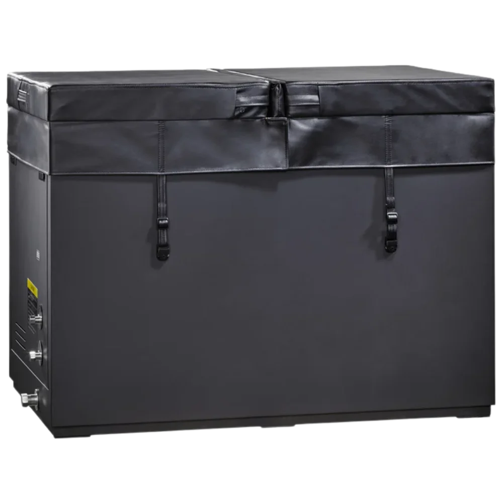 View of Dynamic Cold Therapy Cuboid XL tub insulated cover in black with leather look. 