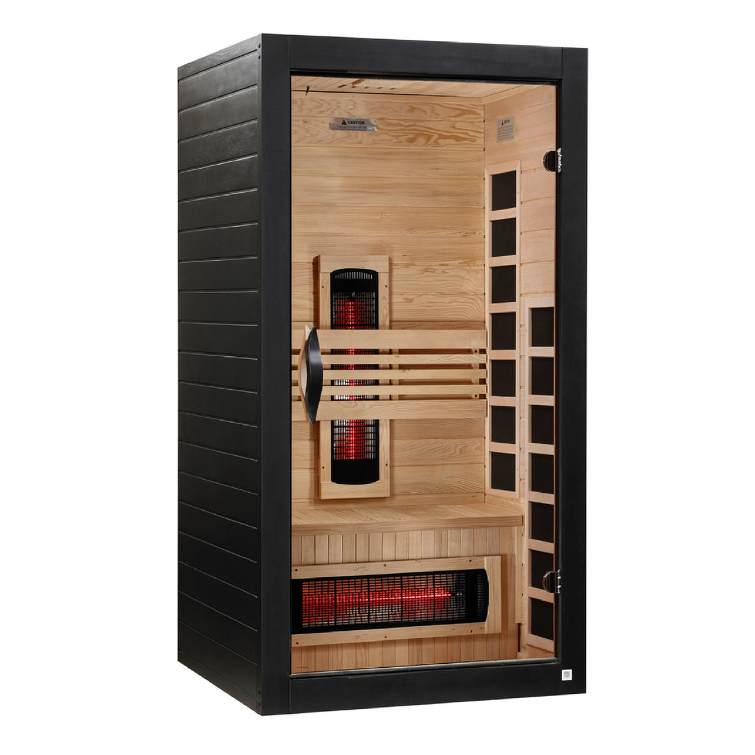 Dynamic Santorini 1-2-Person Full Spectrum Sauna Hemlock wood with tempered glass door. 