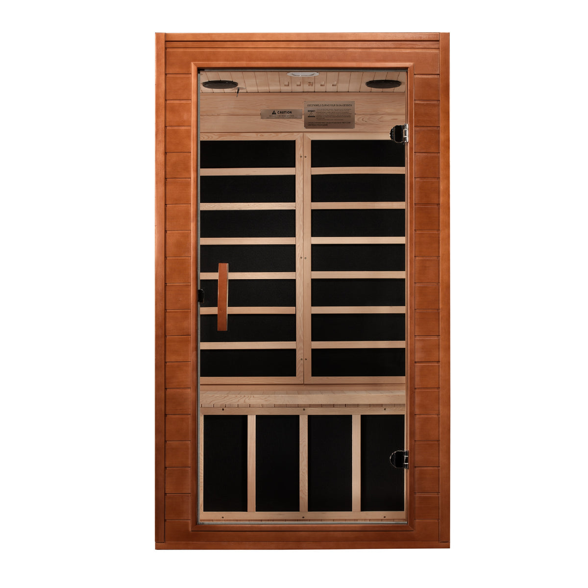 Dynamic Avila Elite Ultra Low EMF Sauna with Hemlock wood and tempered glass door.