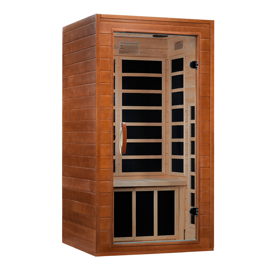 Dynamic Avila Elite Ultra Low EMF Sauna with Hemlock wood and tempered glass door.