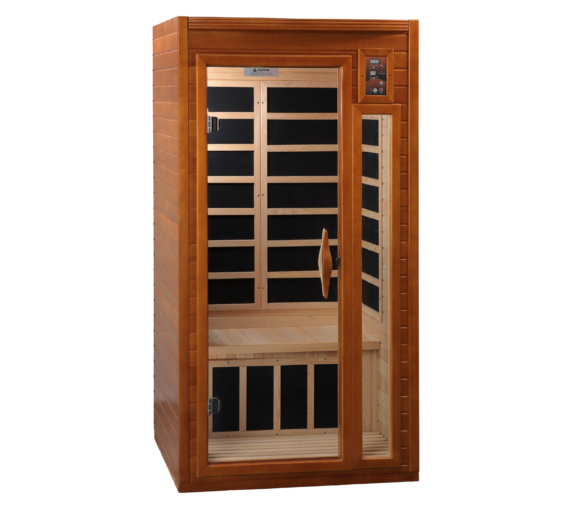Front view of the Dynamic Barcelona 1-2-Person Infrared Sauna made of Hemlock wood with a honey dark stain.