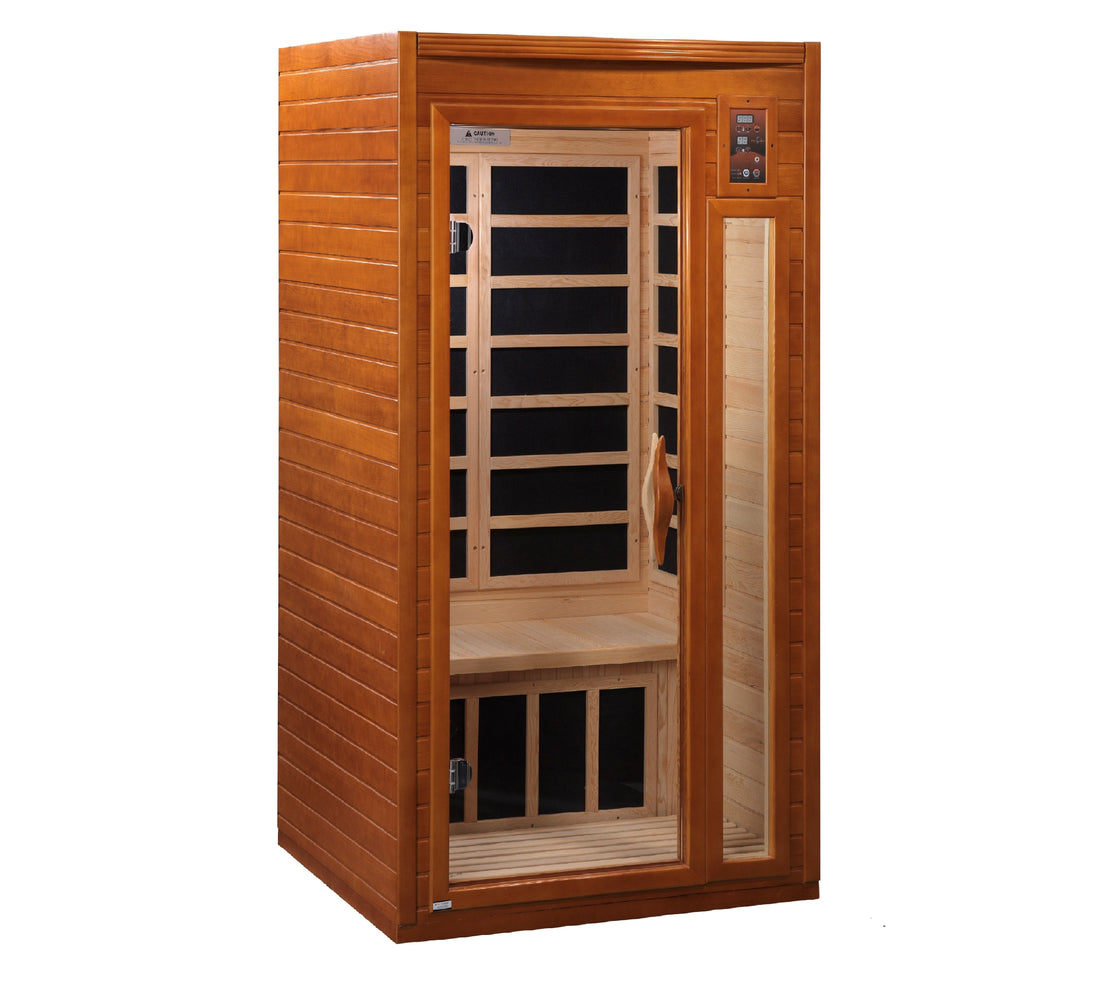 Front view of the Dynamic Barcelona 1-2-Person Infrared Sauna made of Hemlock wood with a honey dark stain.