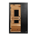 A modern single-door infrared sauna with a black exterior frame and tempered glass door, featuring light natural wood interior walls, benches, and ceiling.
