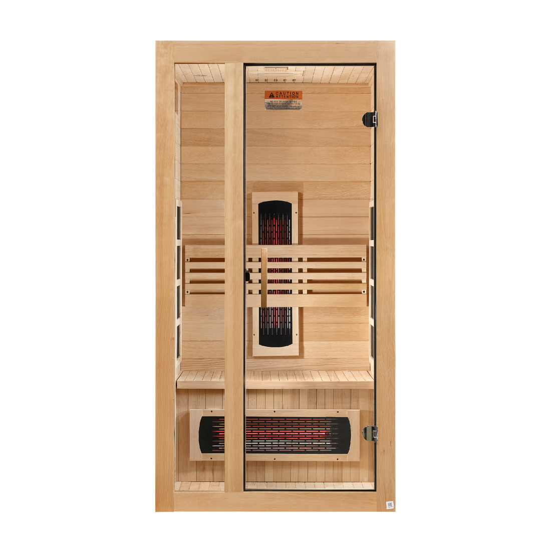 Dynamic Gracia 1-2-Person Full Spectrum Sauna with Hemlock wood and tempered glass door.