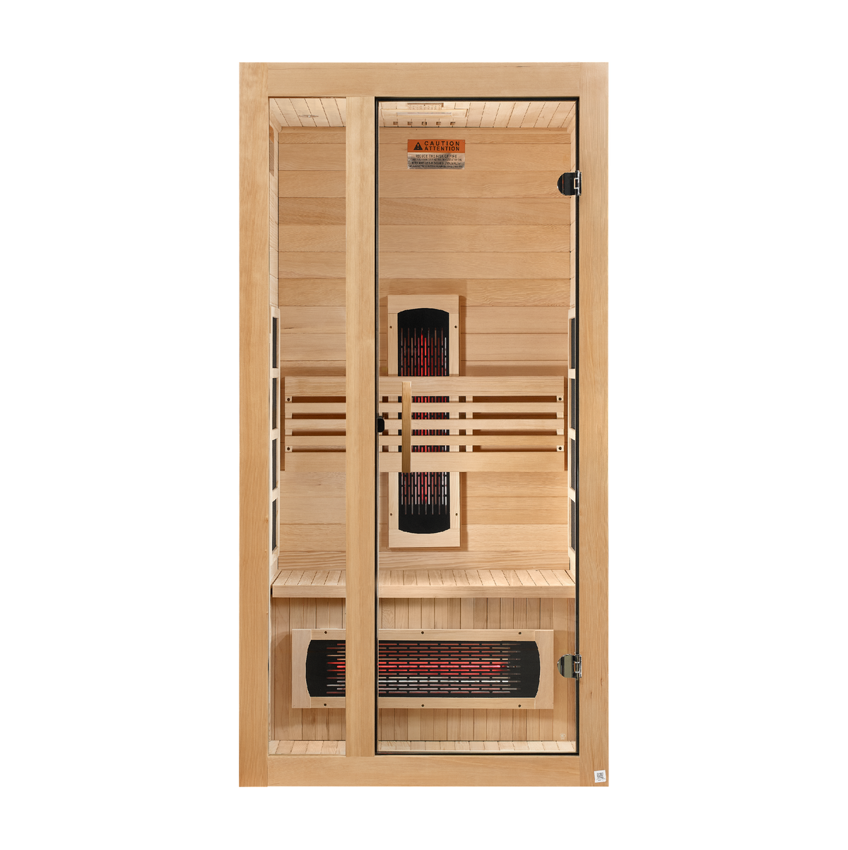Dynamic Gracia 1-2-Person Full Spectrum Sauna with Hemlock wood and tempered glass door.