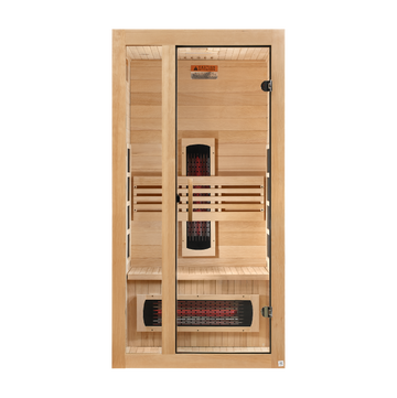 Dynamic Gracia 1-2-Person Full Spectrum Sauna with Hemlock wood and tempered glass door.