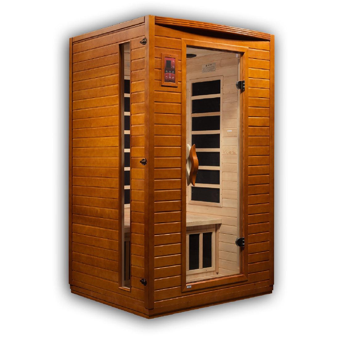 Front view of Dynamic Versailles 2-Person Infrared Sauna Hemlock wood with tempered glass door.