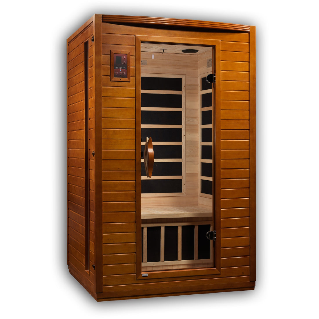 Dynamic Versailles Elite Ultra Low EMF Sauna with Hemlock wood and tempered glass door.