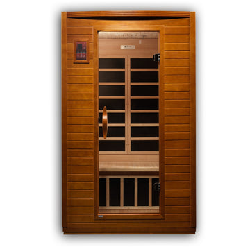 Front view of Dynamic Versailles 2-Person Infrared Sauna Hemlock wood with tempered glass door.