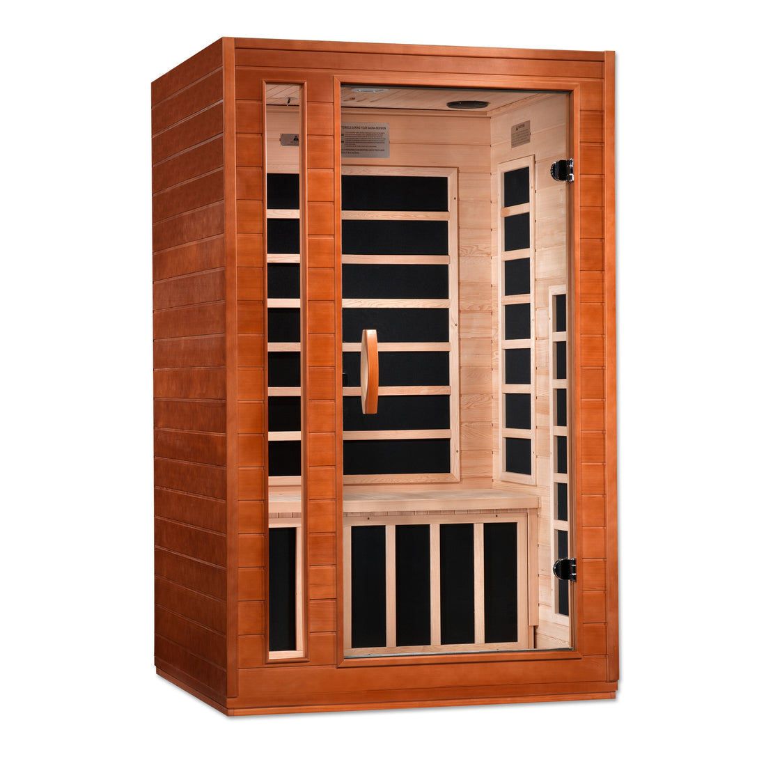 Front view of Dynamic Cordoba 2-person Infrared Sauna with Hemlock wood and tempered glass. 
