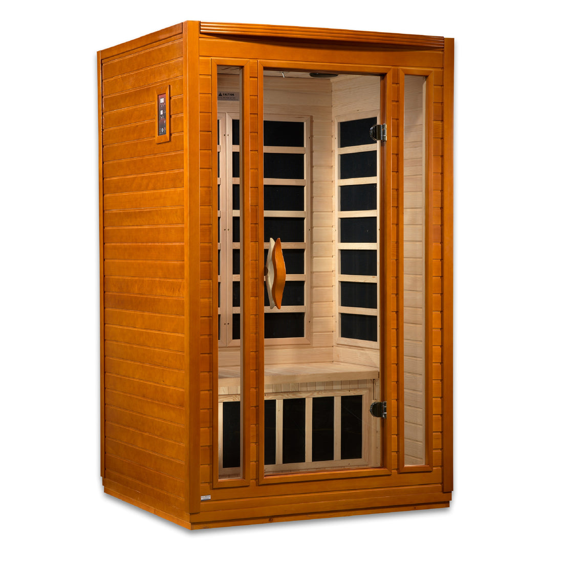 Front view of Dynamic San Marino 2-Person Infrared Sauna Hemlock wood with tempered glass. 
