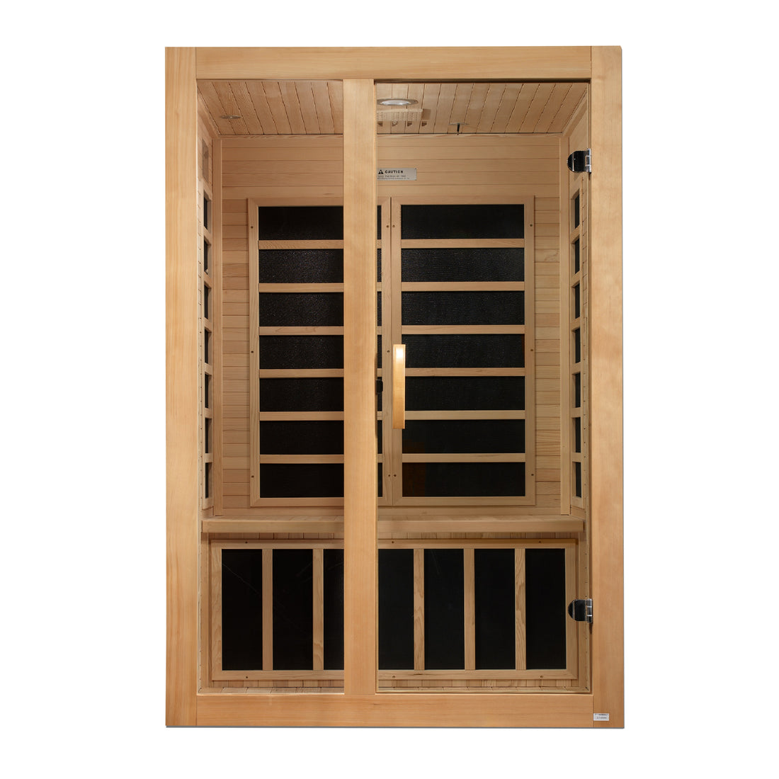 Front view Dynamic Santiago 2-Person Infrared Sauna made of Hemlock wood with tempered glass. 