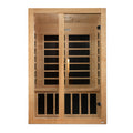 Front view Dynamic Santiago 2-Person Infrared Sauna made of Hemlock wood with tempered glass. 