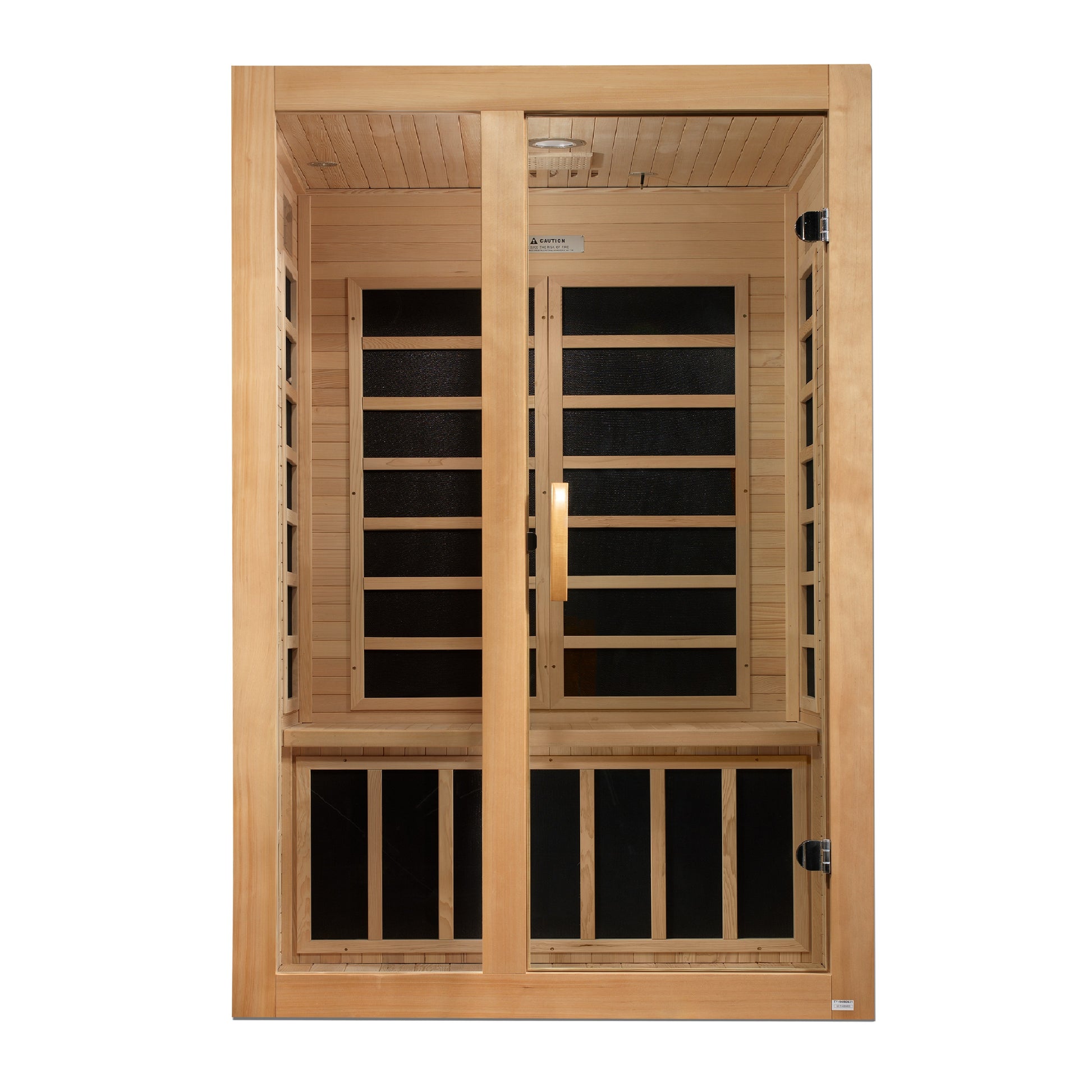 Front view Dynamic Santiago 2-Person Infrared Sauna made of Hemlock wood with tempered glass. 