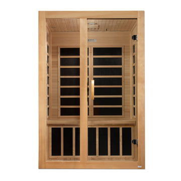 Front view Dynamic Santiago 2-Person Infrared Sauna made of Hemlock wood with tempered glass. 