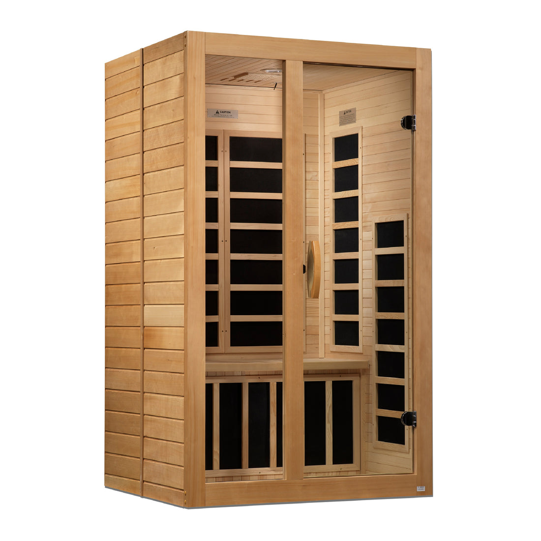 Front view Dynamic Santiago 2-Person Infrared Sauna made of Hemlock wood with tempered glass. 