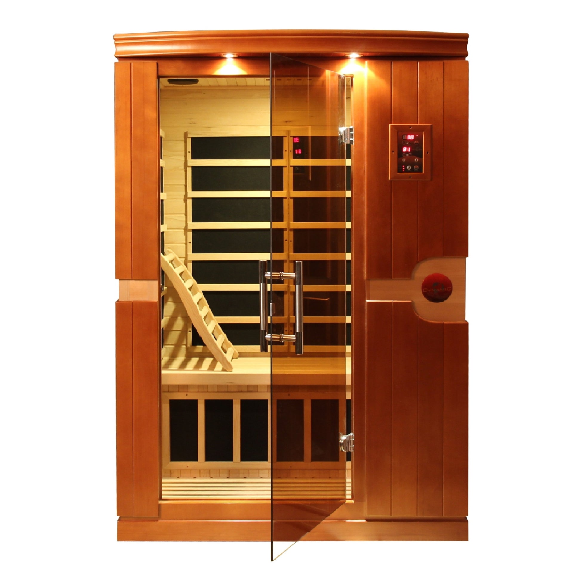 Dynamic Venice Elite 2-person Hemlock infrared sauna with tempered glass door.

