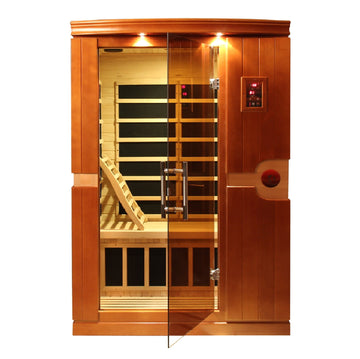Dynamic Venice Elite 2-person Hemlock infrared sauna with tempered glass door.
