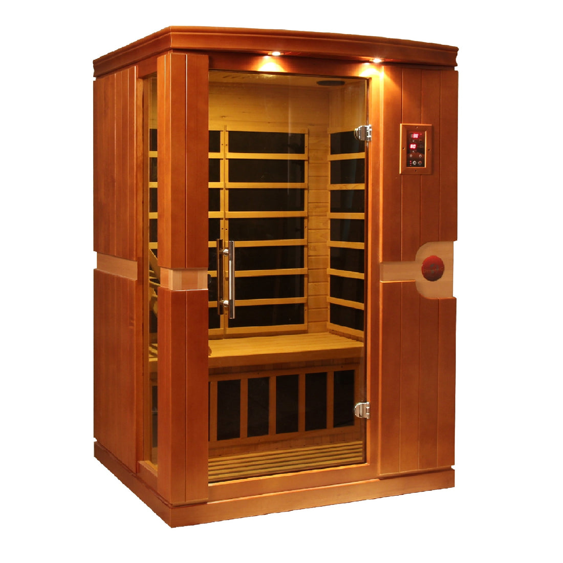 Dynamic Venice Elite 2-person Hemlock infrared sauna with tempered glass door.
