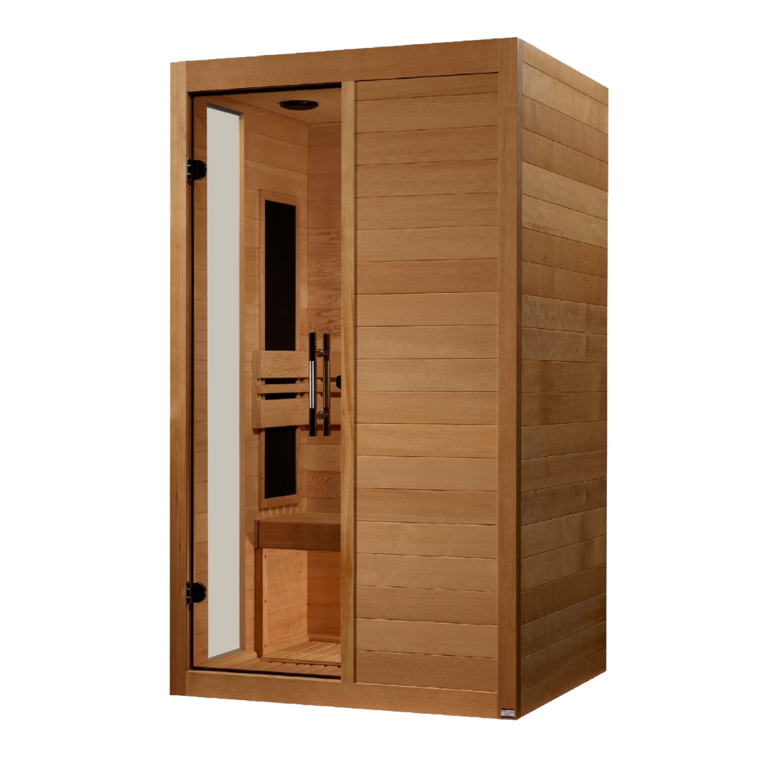Dynamic Lucca 2-Person Infrared Sauna made of Hemlock wood with tempered glass.