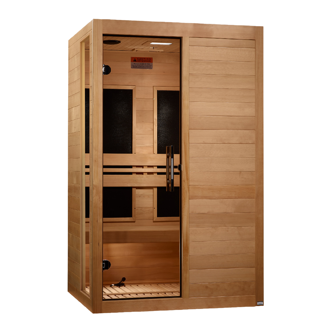 Dynamic Lucca 2-Person Infrared Sauna made of Hemlock wood with tempered glass.
