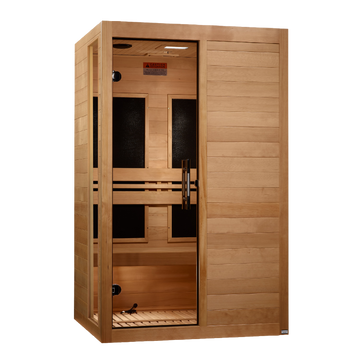 Dynamic Lucca 2-Person Infrared Sauna made of Hemlock wood with tempered glass.
