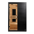 A modern infrared sauna with a black exterior door and a light wood interior featuring wooden benches and a tempered glass door.