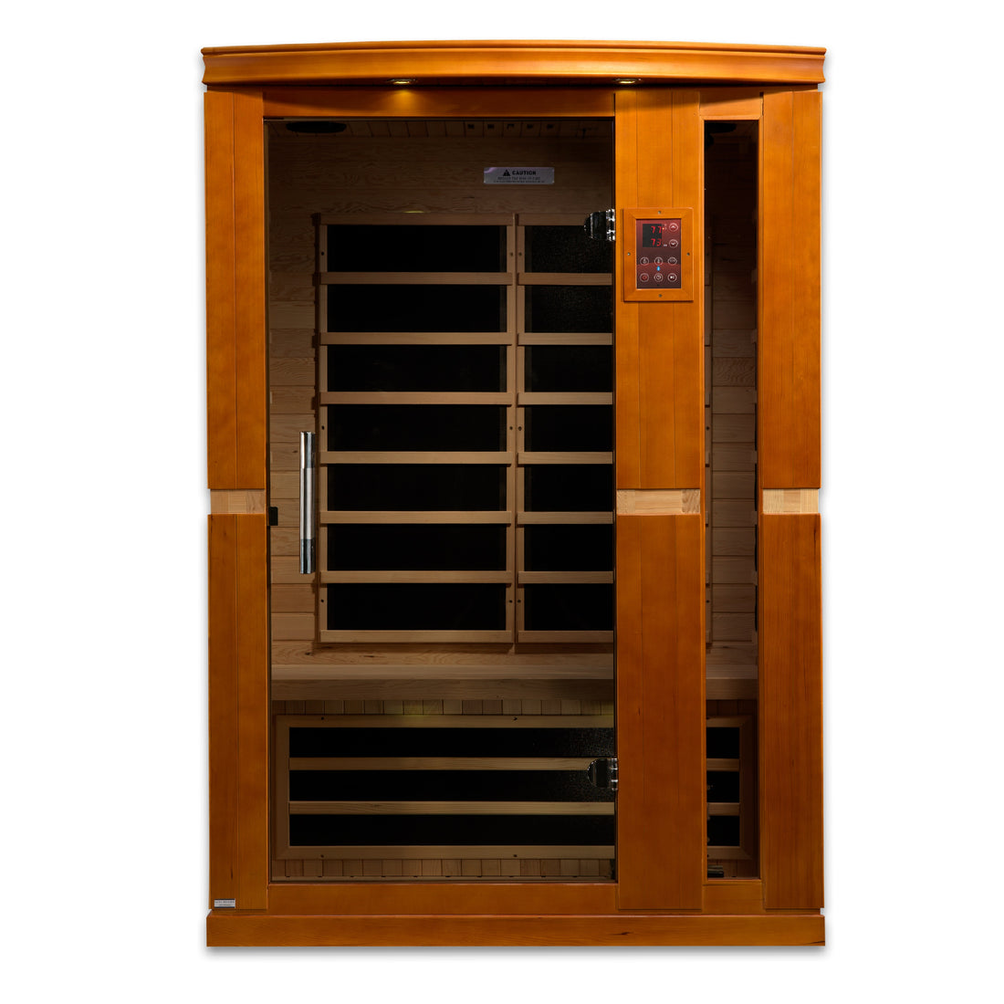 Front view of Dynamic Vittoria 2-Person Infrared Sauna with Hemlock wood and tempered glass. 