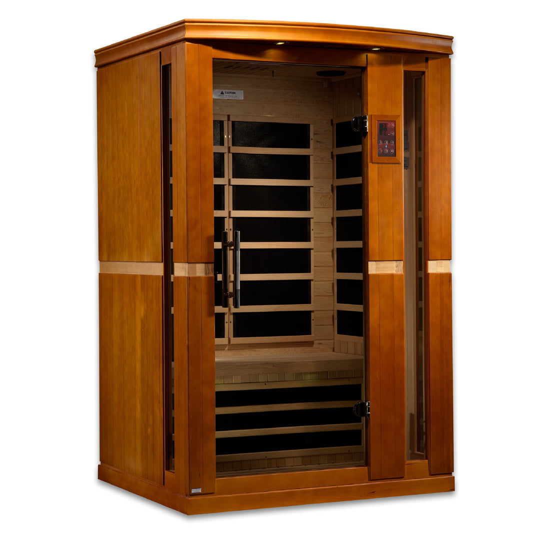 Front view of Dynamic Vittoria 2-Person Infrared Sauna with Hemlock wood and tempered glass. 