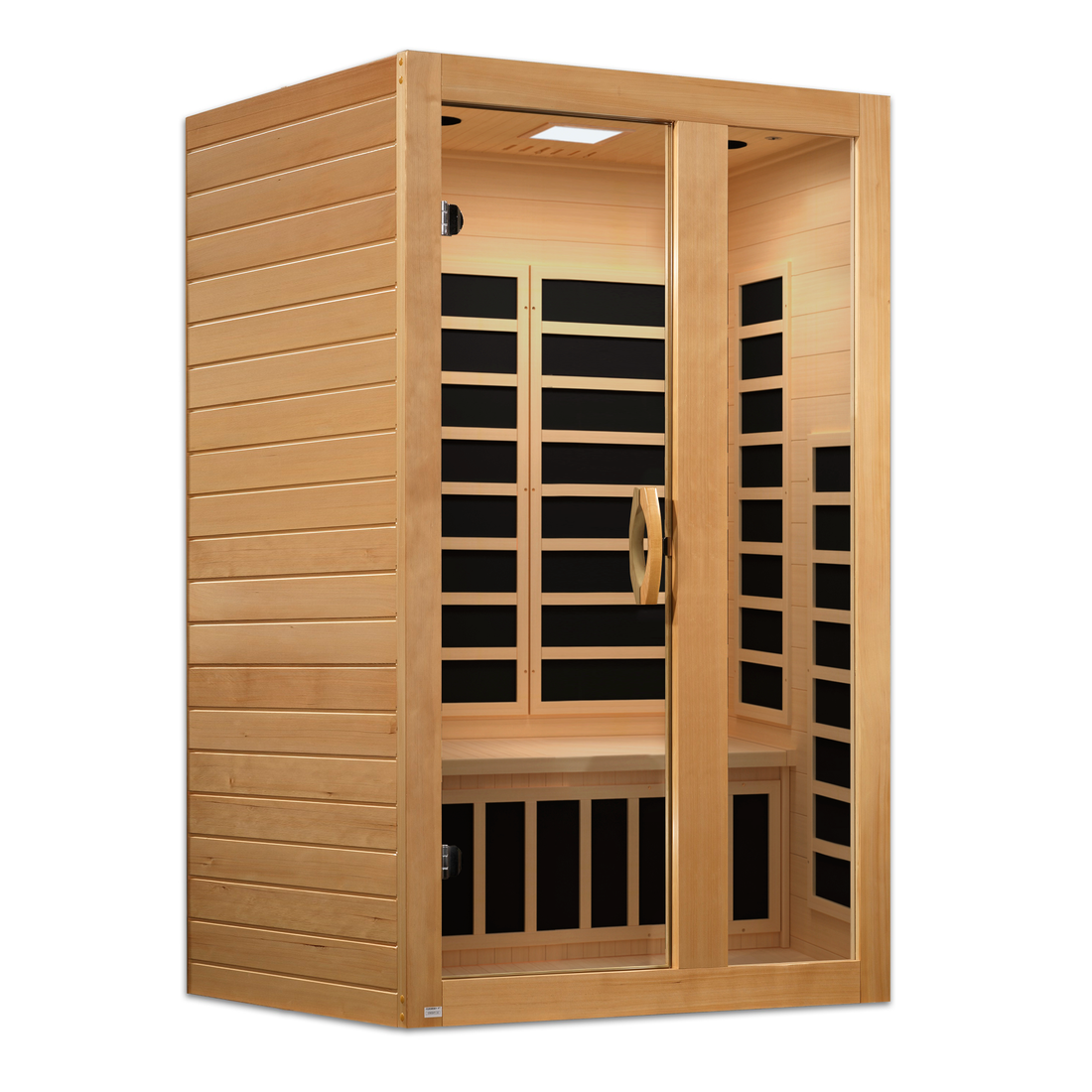 Front view of Dynamic Serena 2-Person Infrared sauna with Hemlock wood and tempered glass. 