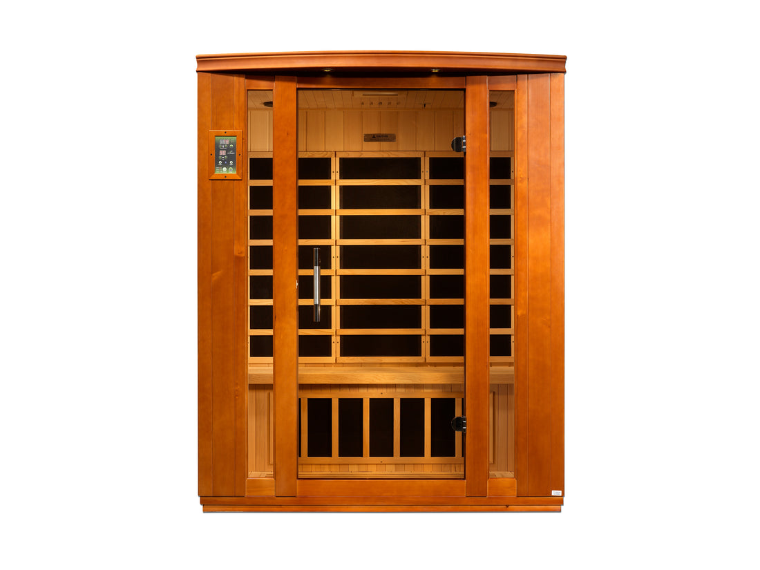 Front view of Dynamic Bellagio 3-Person Infrared Sauna with Hemlock wood and tempered glass. 