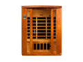 Front view of Dynamic Bellagio 3-Person Infrared Sauna with Hemlock wood and tempered glass. 