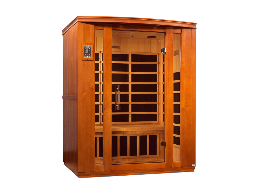 Front view of Dynamic Bellagio 3-Person Infrared Sauna with Hemlock wood and tempered glass. 