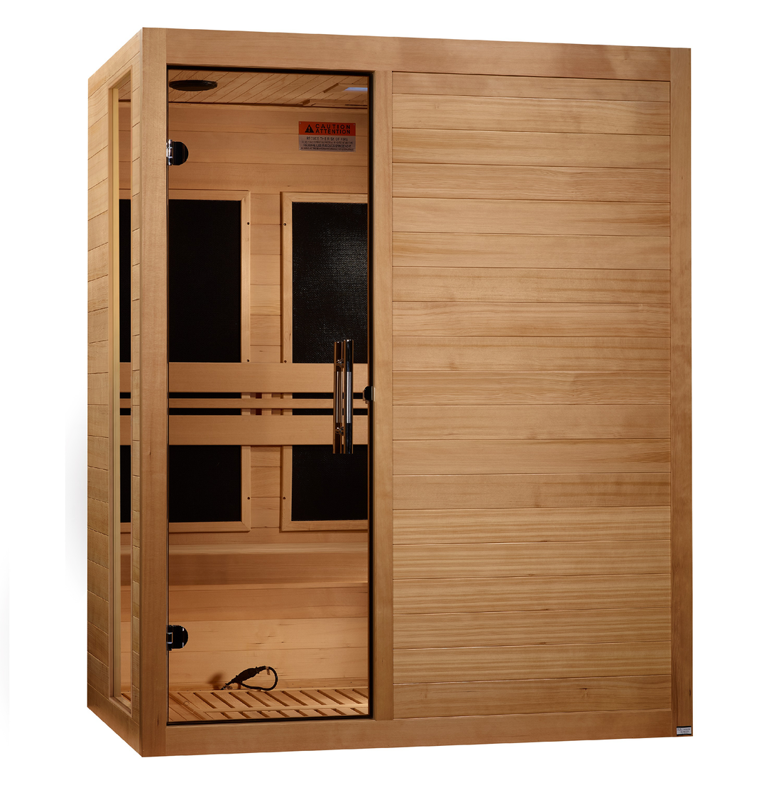 Front view of Dynamic Toscana 3-person Hemlock infrared sauna with tempered glass door. 