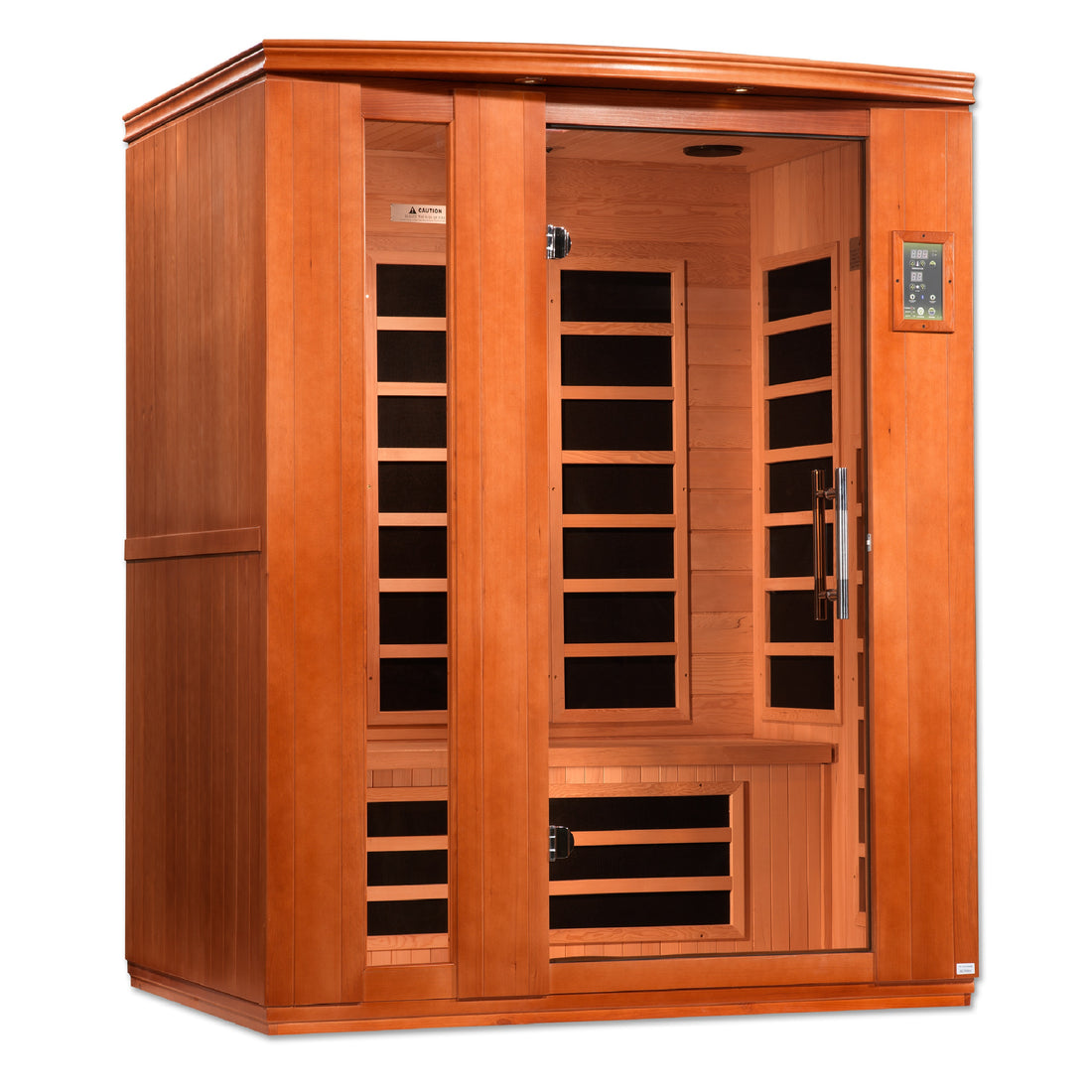 Front view of Dynamic Lugano 3-Person Infrared Sauna with Hemlock wood and tempered glass. 