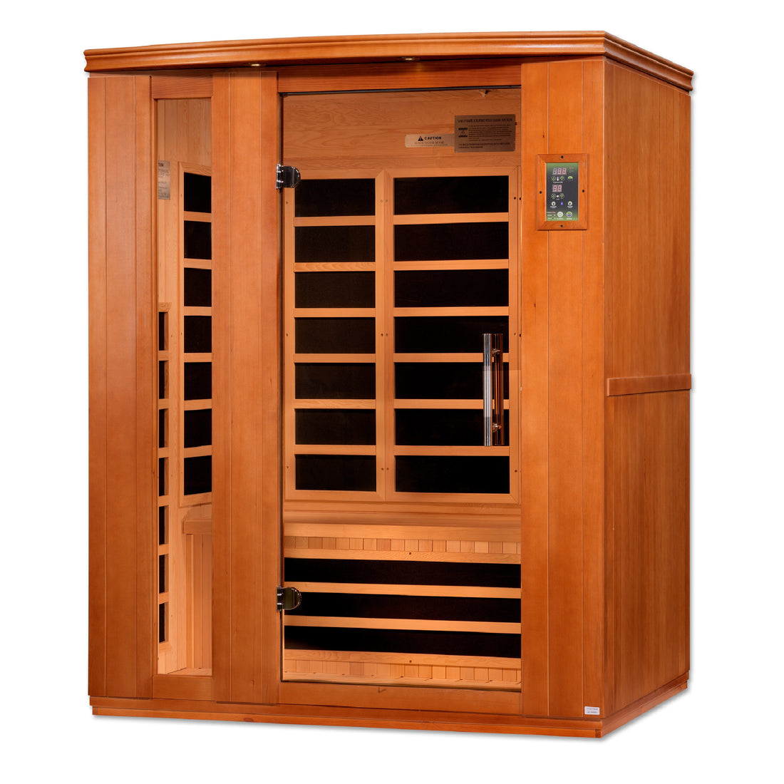 Front view of Dynamic Lugano 3-Person Infrared Sauna with Hemlock wood and tempered glass. 