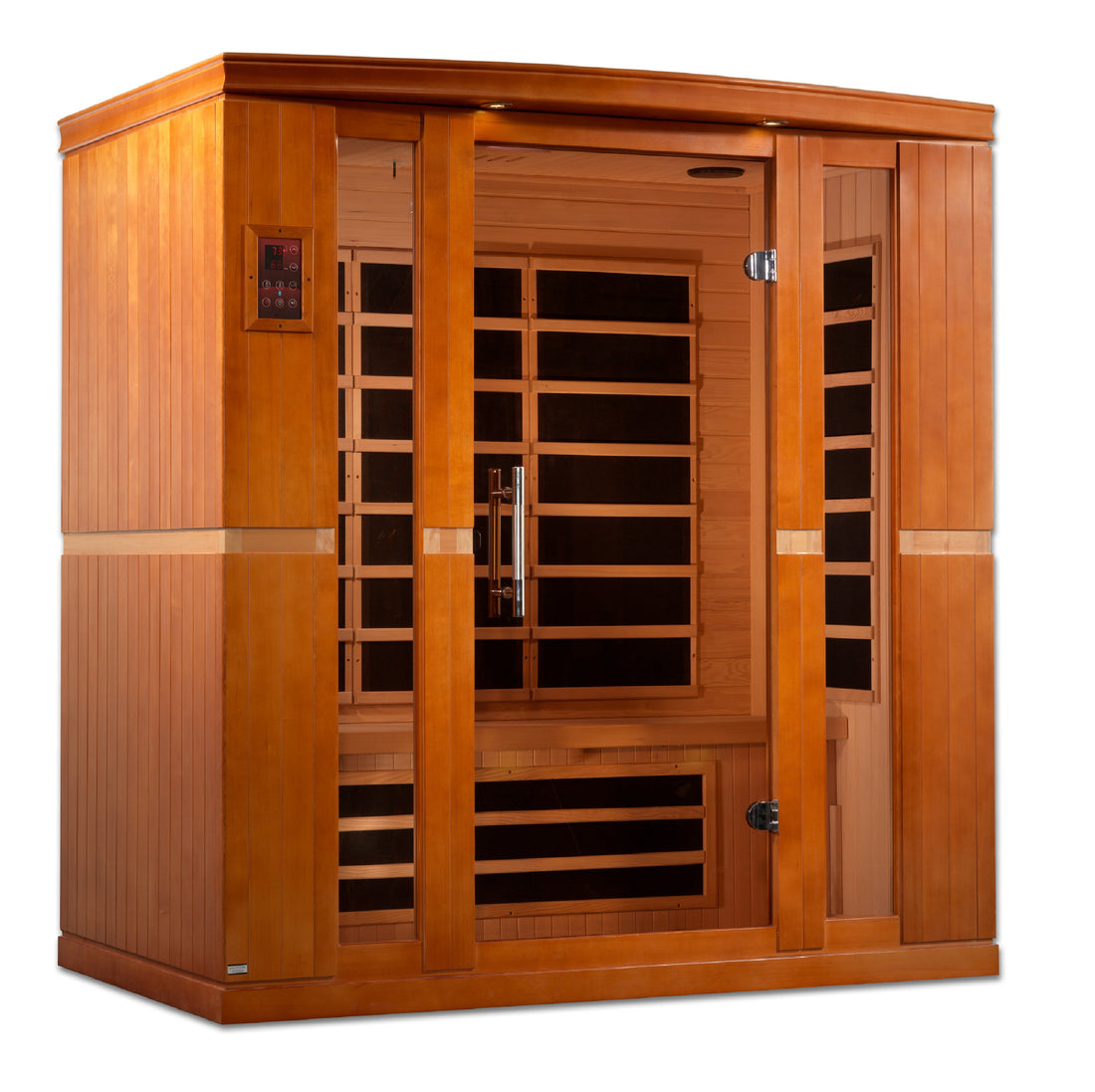 Front view of Dynamic Bergamo 4-Person Infrared Sauna with Hemlock wood and tempered glass. 