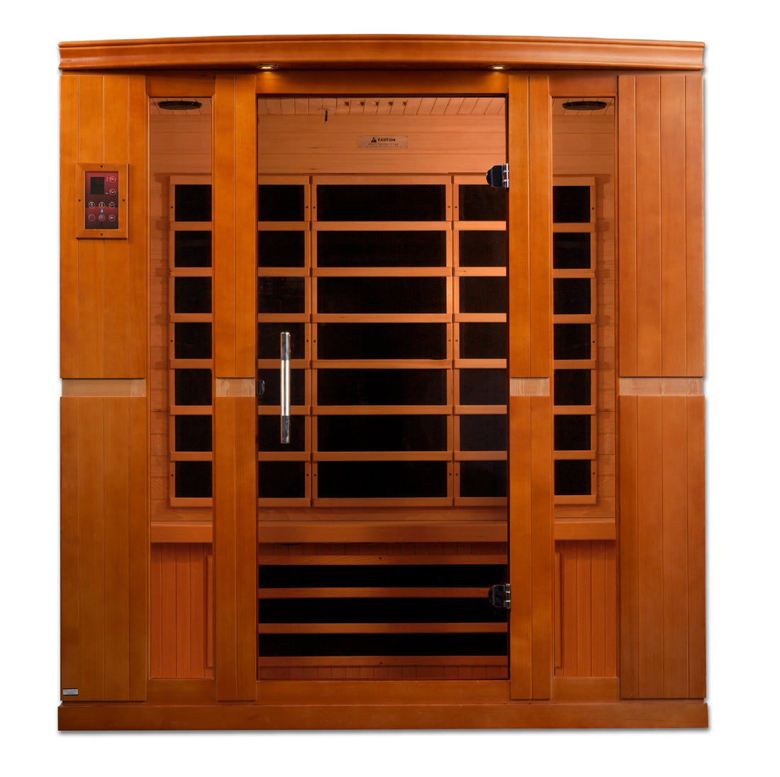 Front view of Dynamic Bergamo 4-Person Infrared Sauna with Hemlock wood and tempered glass. 
