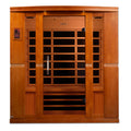 Front view of Dynamic Bergamo 4-Person Infrared Sauna with Hemlock wood and tempered glass. 