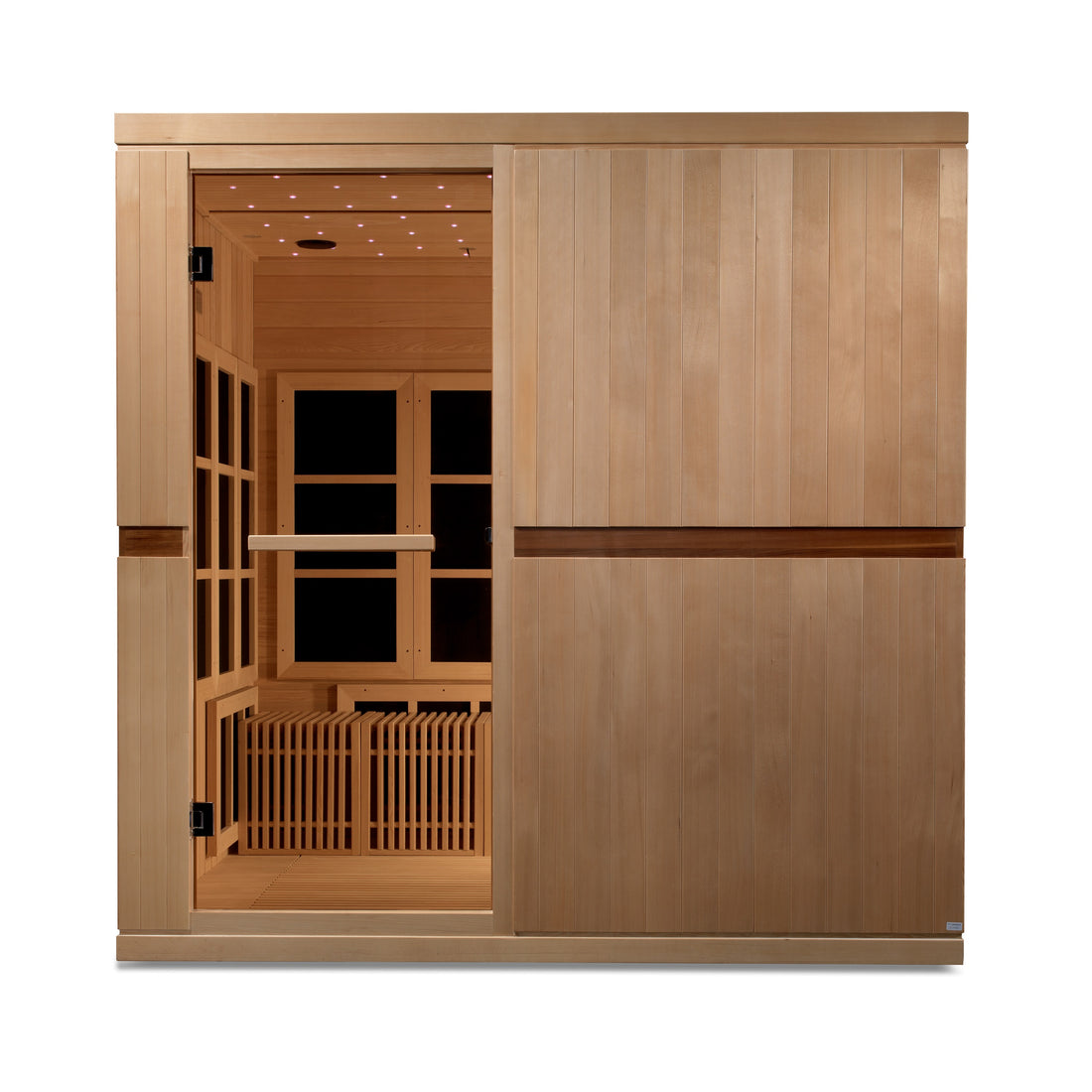 Golden Designs Catalonia Hemlock wooden infrared sauna 8-Person with interior benches, lights and tempered glass door.