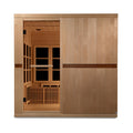 Golden Designs Catalonia Hemlock wooden infrared sauna 8-Person with interior benches, lights and tempered glass door.