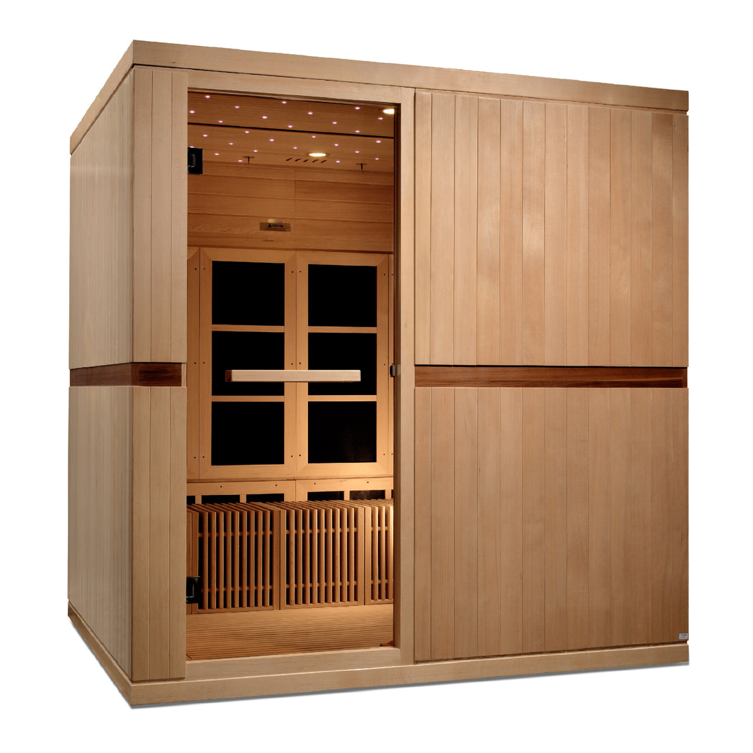Golden Designs Catalonia Hemlock wooden infrared sauna 8-Person with interior benches, lights and tempered glass door.